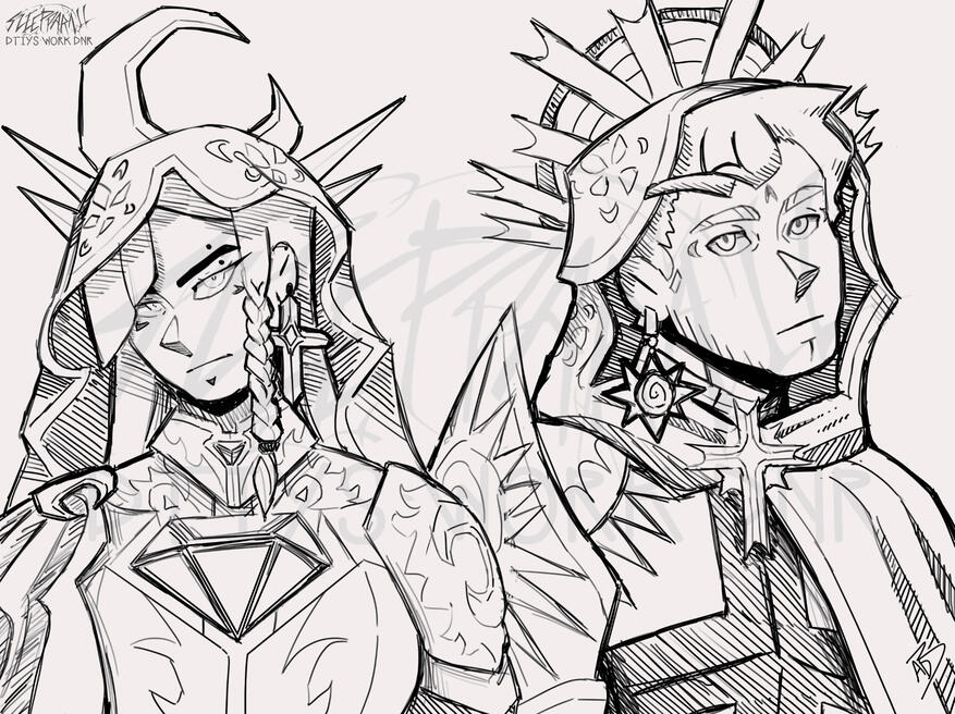 bust, line art, multi-character, 2 character