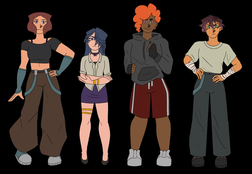 full body, colored, multi-character, 4 character